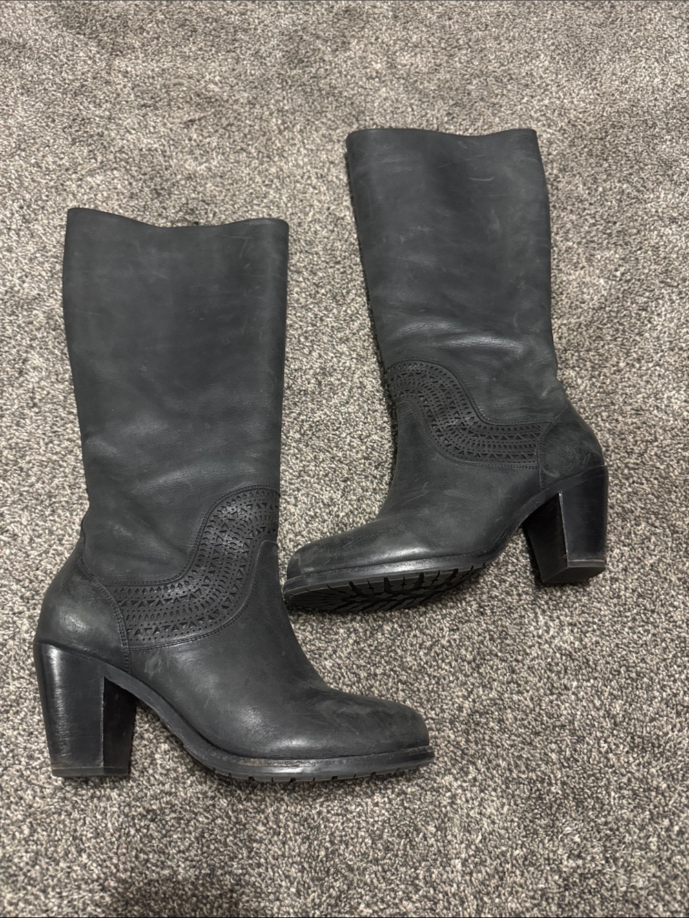 Women’s Distressed Black Leather Knee High Heeled Boots